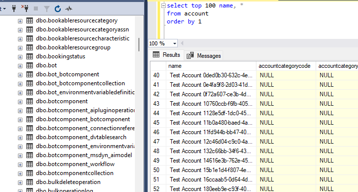 SQL Management Studio accessing dataverse tables screenshot